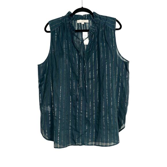 LOFT Tops - NWT LOFT Green Metallic Striped Sleeveless Ruffle Neck Blouse XL
